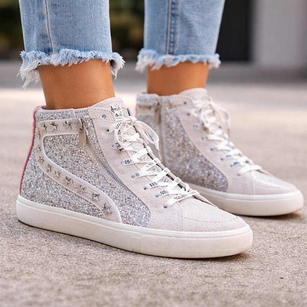 Vintage Havana Ray Sneakers Silver Glitter Stud High Top Zip New With Box